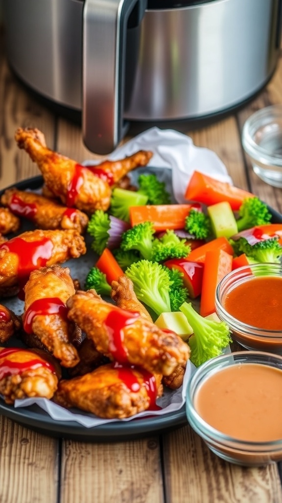 A variety of air fryer meals including chicken wings and roasted vegetables on a wooden table.